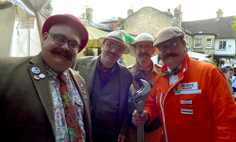 Handlebar Club Moustache Category contestants at the Hitchin Beard and Moustache Competition: L-R Chris Wall, James Dyer, Allan Robinson and Ryan Pike